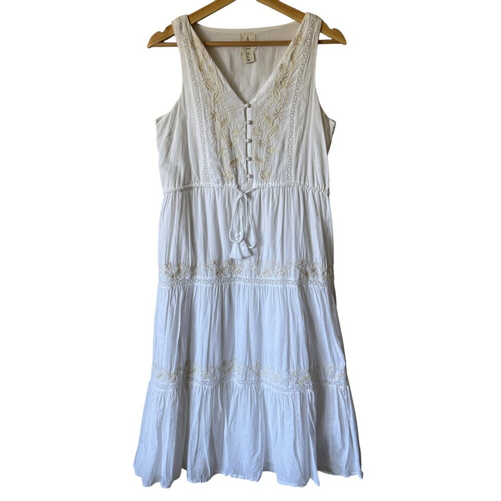 Joie White Dress Sm Embroidered Lace Tiered Waist Tie V Neck Buttons Flowy Boho